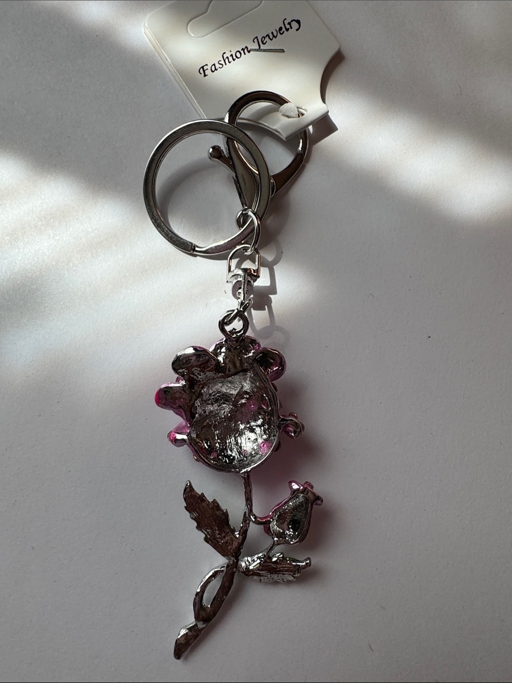 Fashion Jewelry Purple Pink Rose Crystal bag charm/Keychain with Green Leaves - Picture 2 of 2